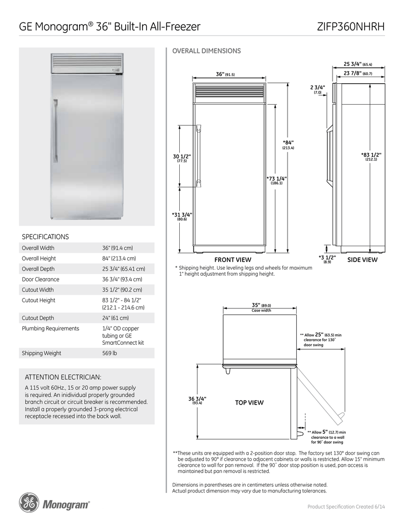 Zifp360nhrh Ge Monogram 36 34 Built In All Freezer Overall