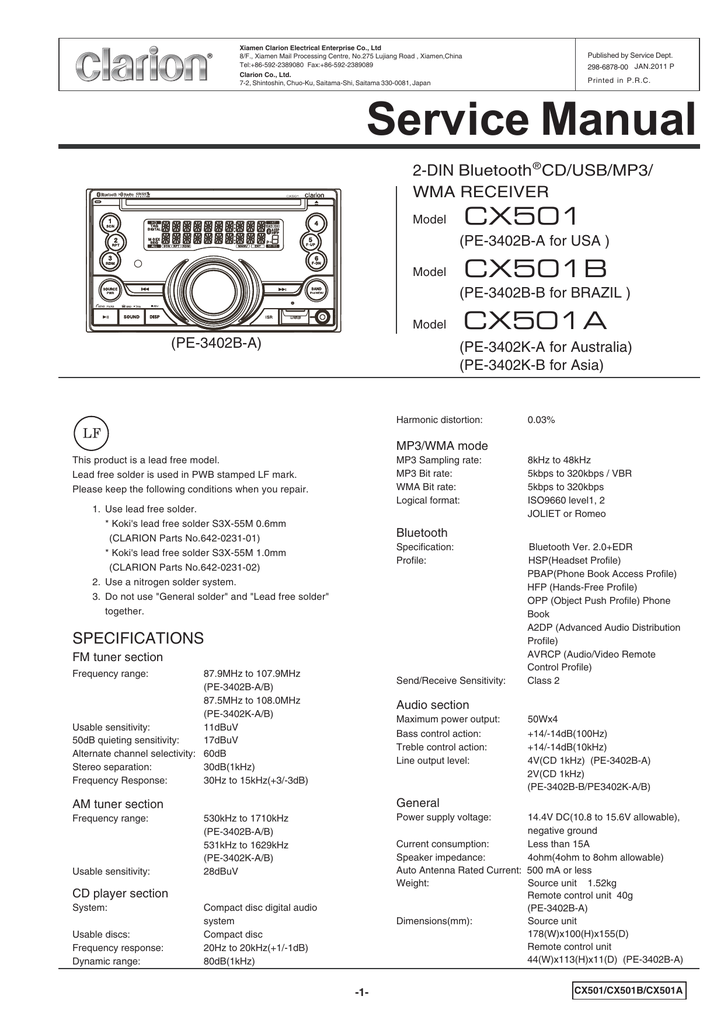 Service Manual 2DIN Bluetooth CD/USB/MP3/ WMA RECEIVER (PE3402BA for
