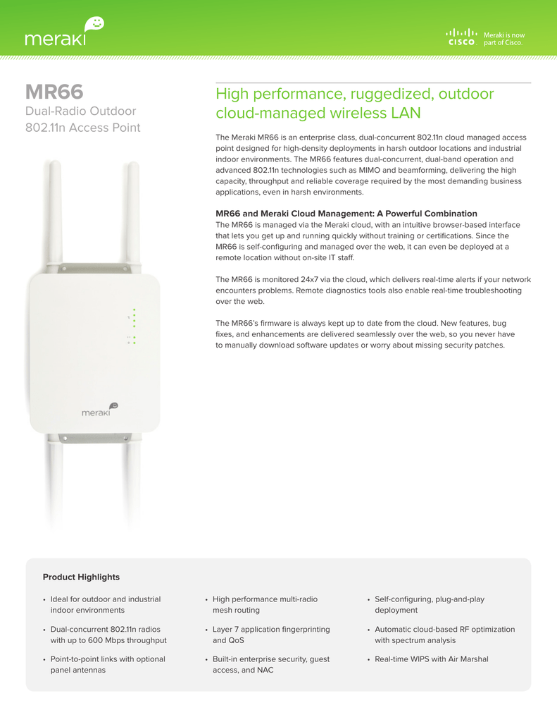 /"NEW/" Meraki MR66-HW Cloud-Managed Dual-Radio 802.11n Ruggedized Access Point
