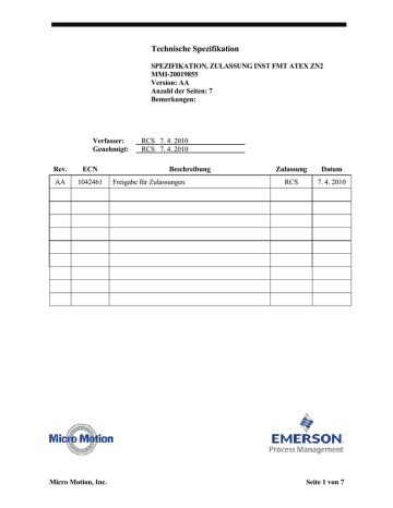 Specification Approval Installation for FMT Transmitters ATEX Zone 2