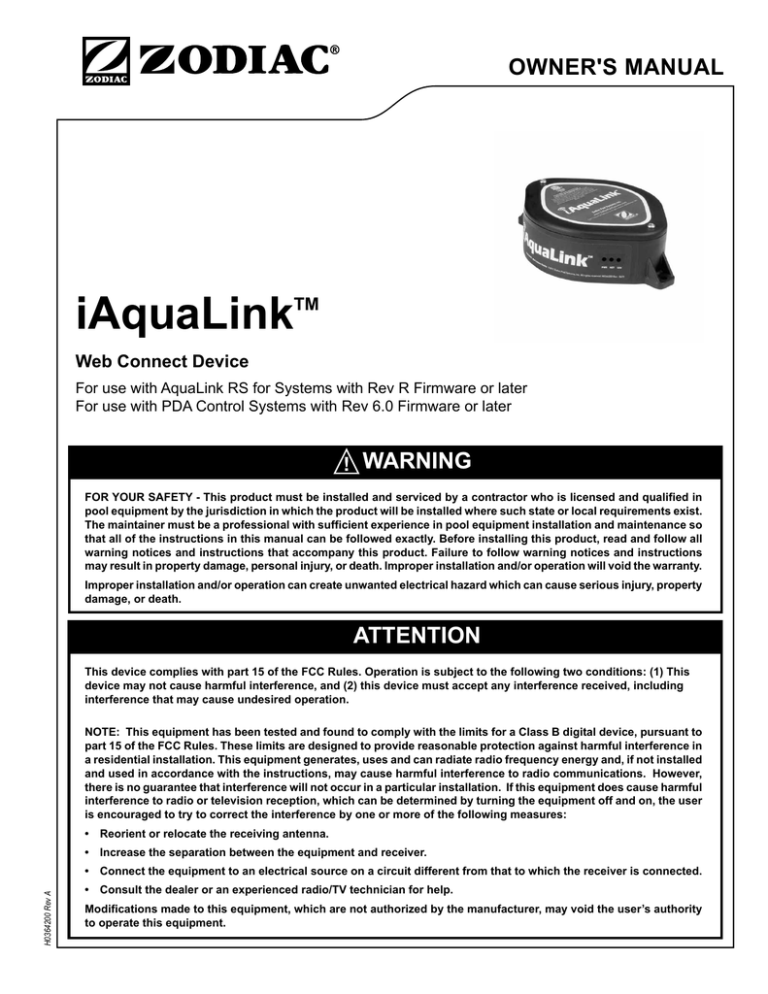 Zodiac iAquaLink, AquaLink Owner's manual | Manualzz