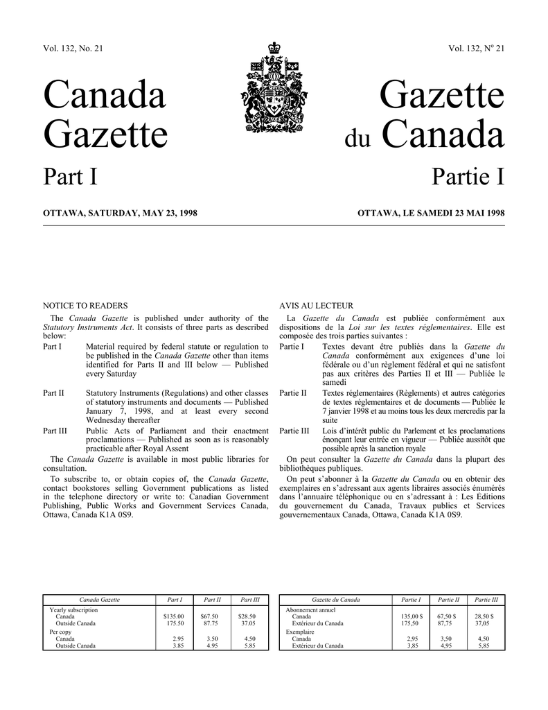 Canada Gazette Du Part I Manualzz