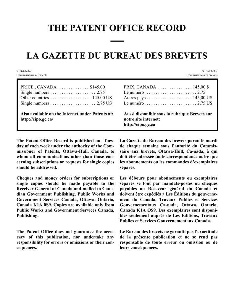 The Patent Office Record La Gazette Du Bureau Des Brevets
