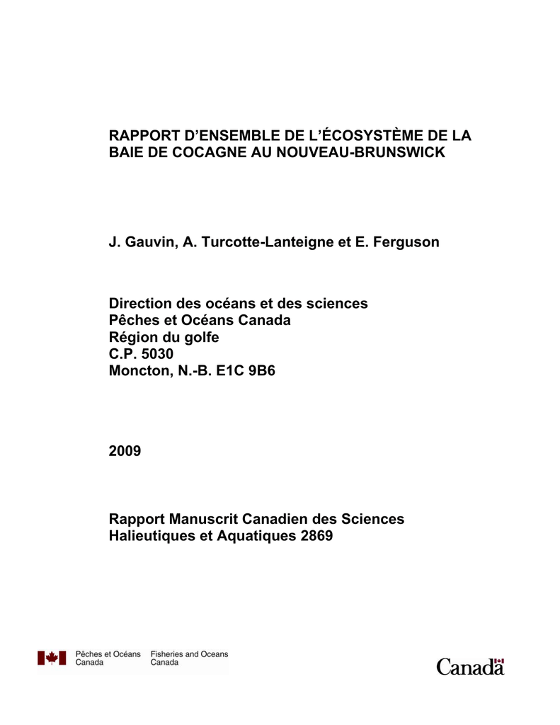 Rapport Densemble De Lécosystème De La Baie De Cocagne Au - 