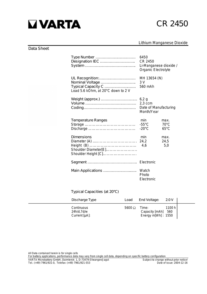 Cr 2450 Lithium Manganese Dioxide Data Sheet Manualzz