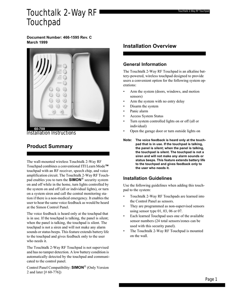 Touchtalk 2 Way Rf Touchpad Installation Overview General