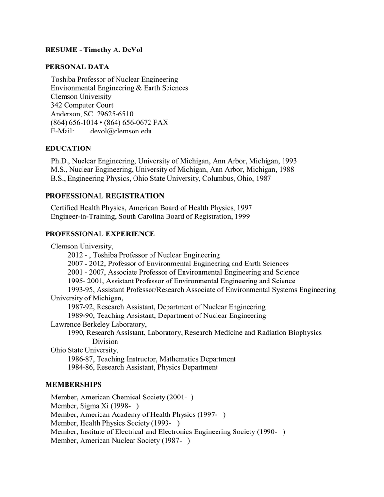 Resume Timothy A Devol Personal Data Toshiba Professor Of
