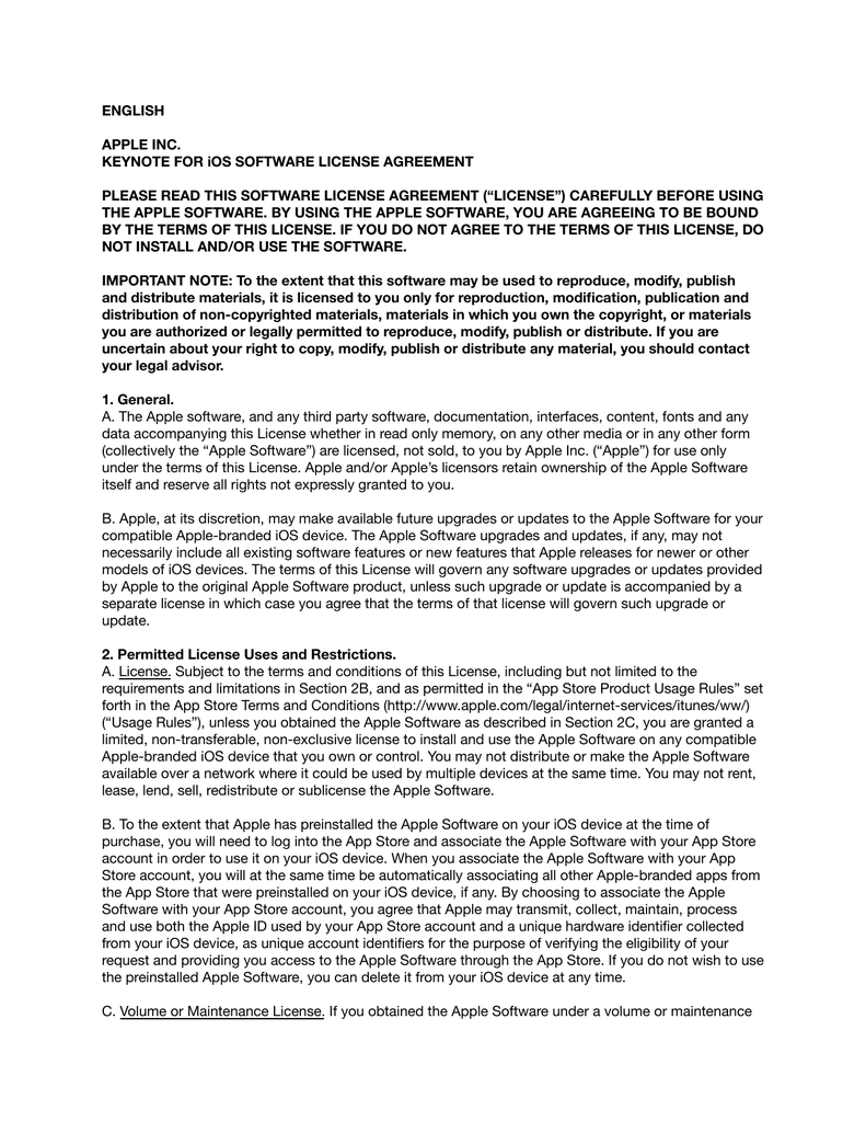 English Apple Inc Keynote For Ios Software License Agreement Manualzz