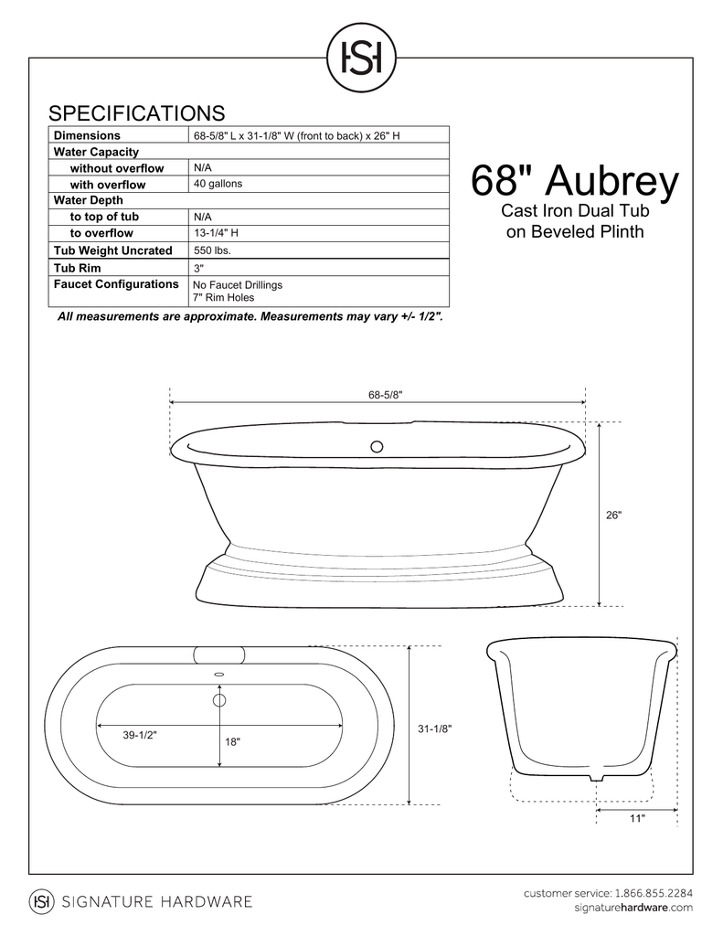 68 34 Aubrey Specifications Cast Iron Dual Tub On Beveled Plinth Manualzz