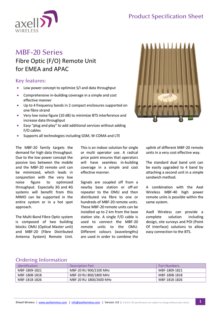 Mbf Series Fibre Optic F O Remote Unit For Emea And Apac Manualzz