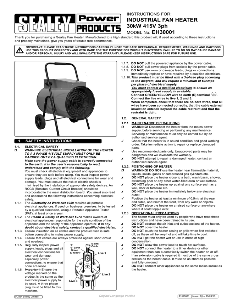 INDUSTRIAL FAN HEATER 30kW 415V 3ph EH30001 Manualzz