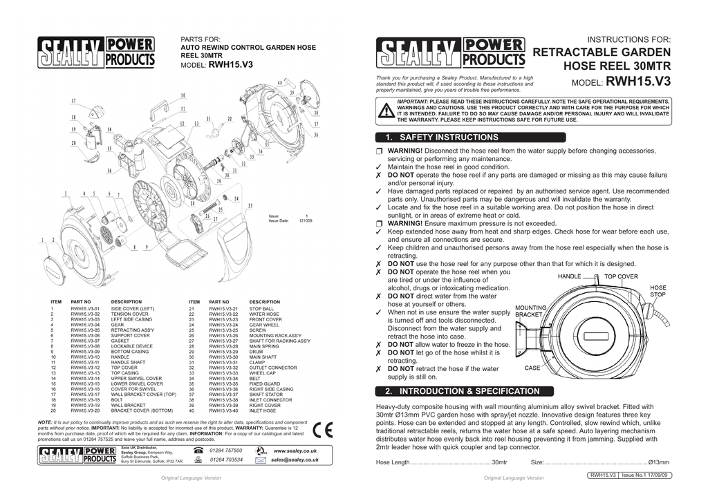 RWH15.V3 RETRACTAbLE GARDEN HOSE REEL 30MTR instrUCtions for Manualzz