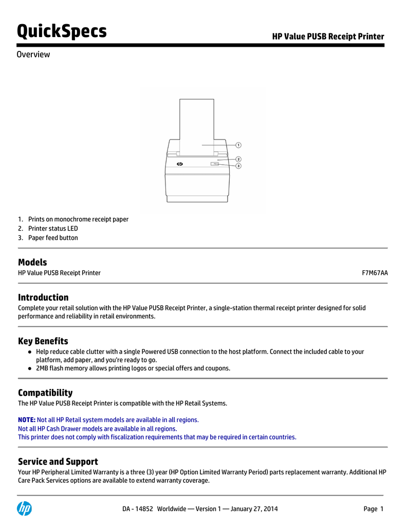 HP Value Powered USB Receipt Printer F7M67AA 