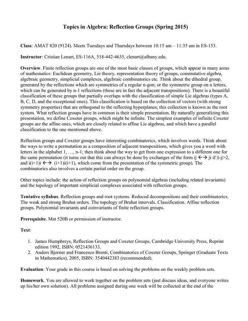 Topics In Algebra Reflection Groups Spring 2015 - 