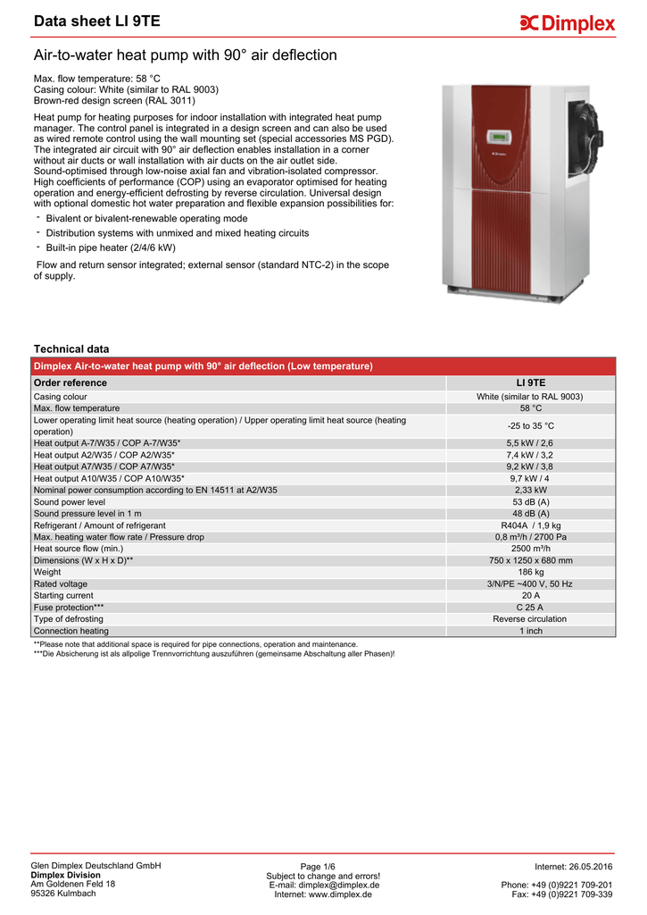 Data Sheet Li 9te Air To Water Heat Pump With 90 Air Deflection Manualzz