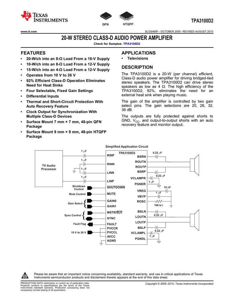Tpa3100d2 схема включения