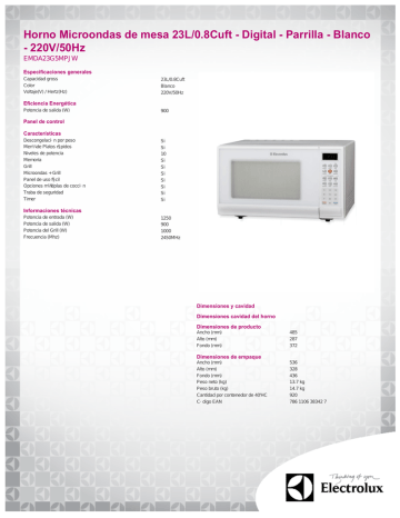 Horno Microondas de mesa 23L/0.8Cuft - Digital - Parrilla - - 220V/50Hz  EMDA23G5MPJW Especificaciones generales | Manualzz