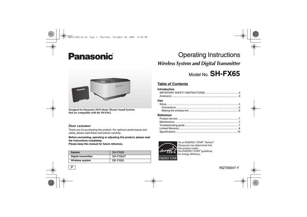 Panasonic SHFX65 DVD Player User manual Manualzz