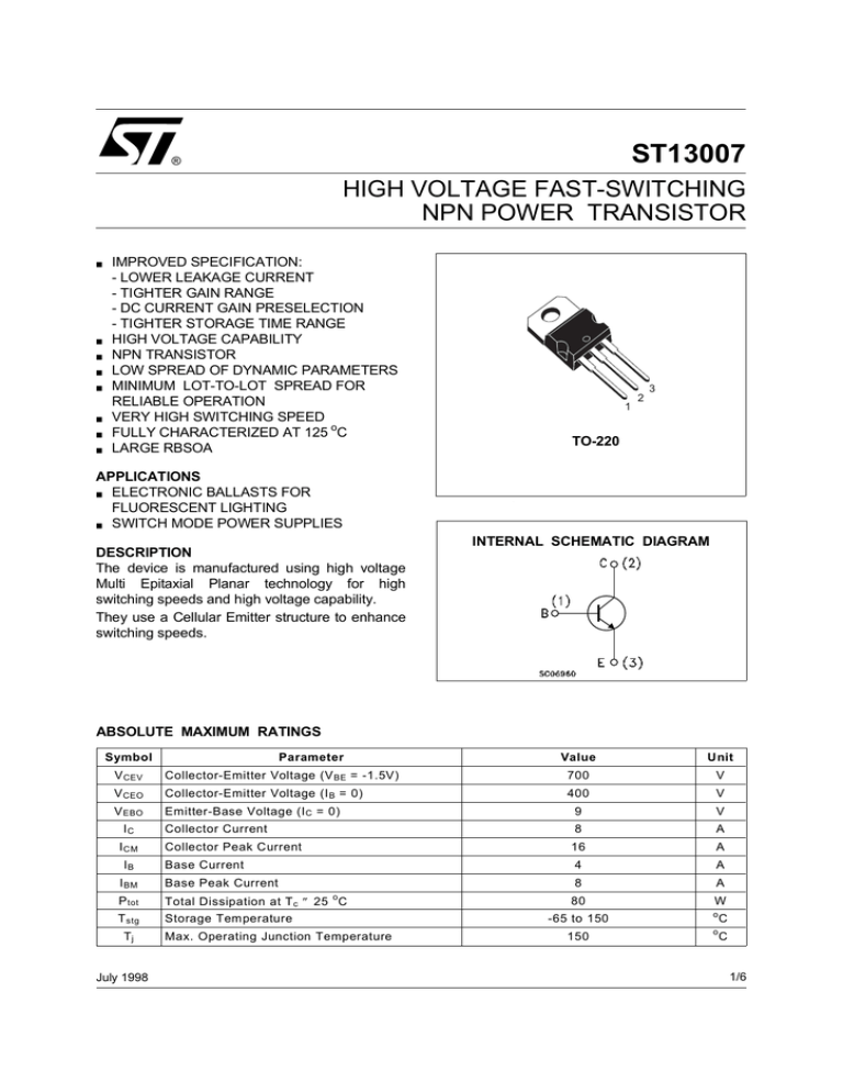 St High Voltage Fast Switching Npn Power Transistor Manualzz