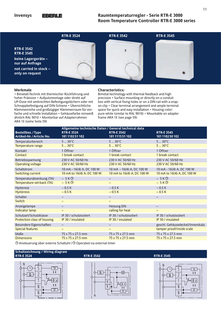 Invensys Raumtemperaturregler Serie Rtr E 3000 Room