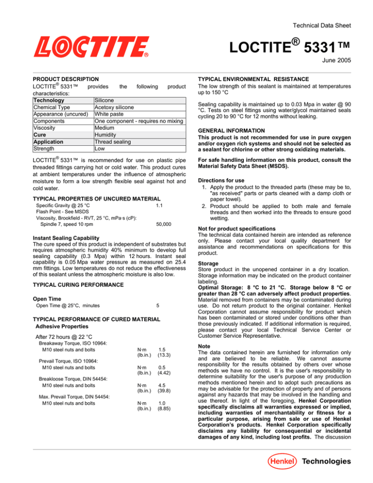 LOCTITE 5331™ ® Technical Data Sheet Manualzz