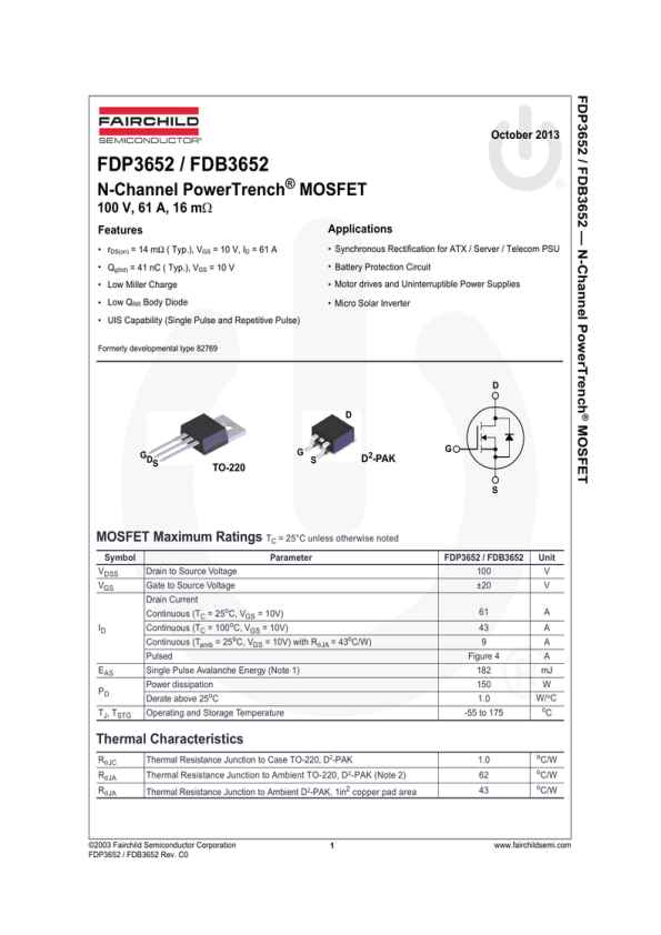 Fdp3652 Fdb3652 N Channel Powertrench Mosfet N Channel Manualzz