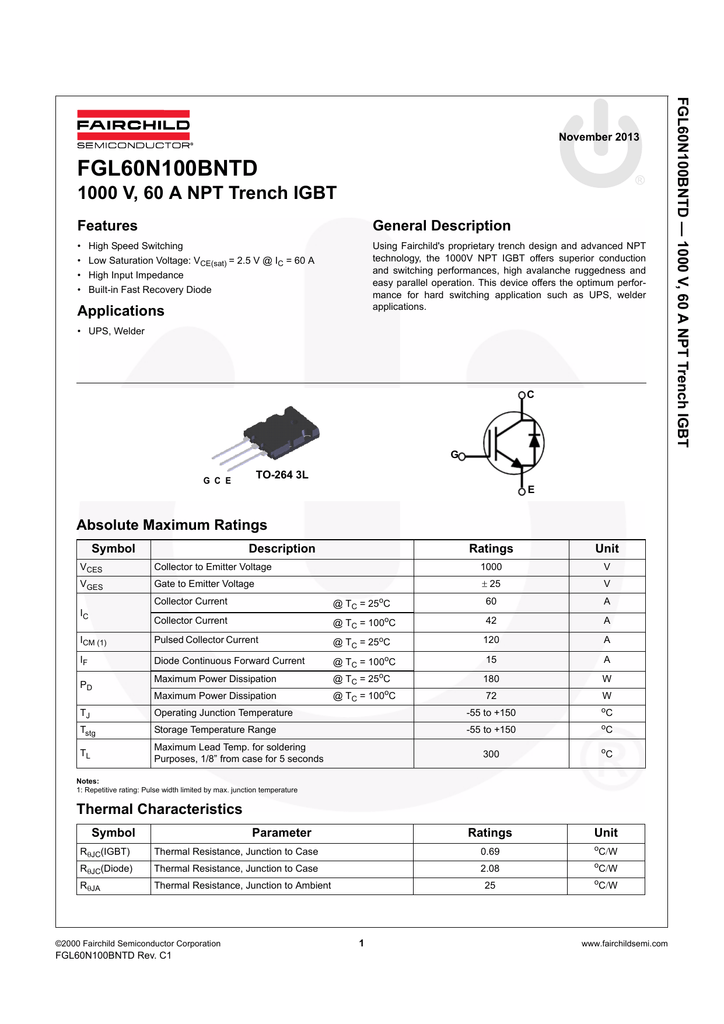 Fgl60n100bnt D 1000 V 60 A Npt T Rench Igbt Manualzz