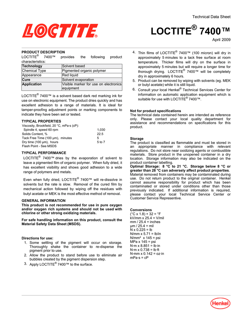 Loctite 7400 Technical Data Sheet Manualzz