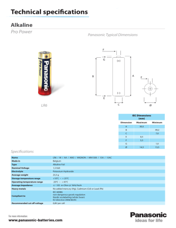 Technical specifications Alkaline Pro Power Panasonic Typical Dimensions | Manualzz