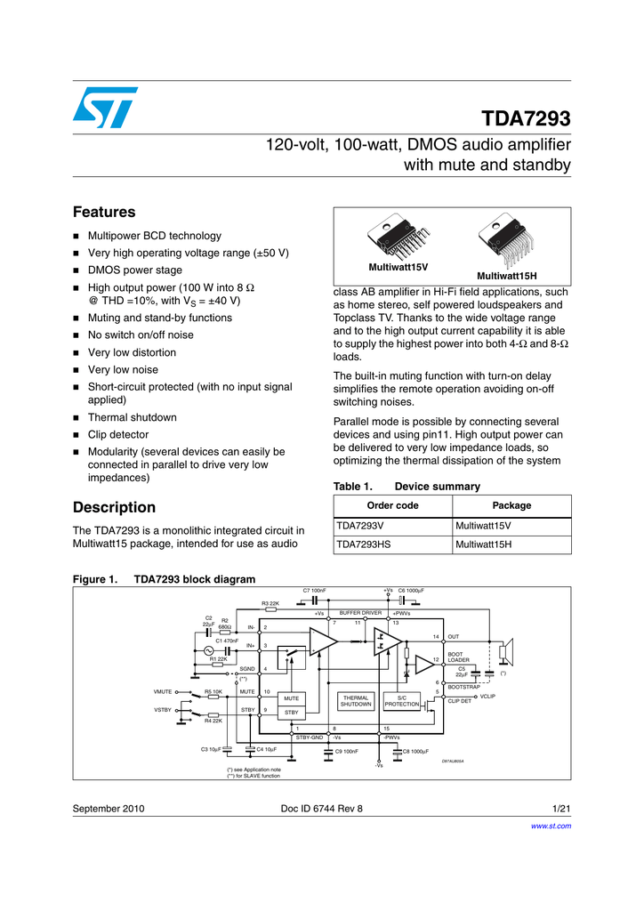 Tda7293 1 Volt 100 Watt Dmos Audio Amplifier With Mute And Standby Features Manualzz