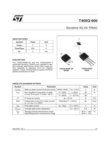 STMicroelectronics t405-600b Triac 4a Dpak 600v