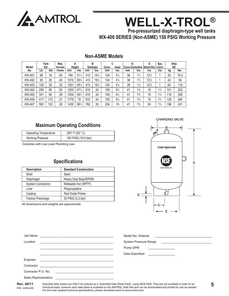 Well X Trol Pressure Tanks Amtrol