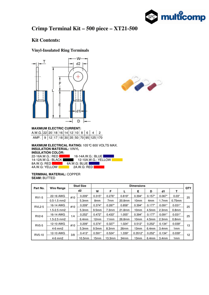 Crimp Terminal Kit 500 Piece Xt21 500 Kit Contents Manualzz