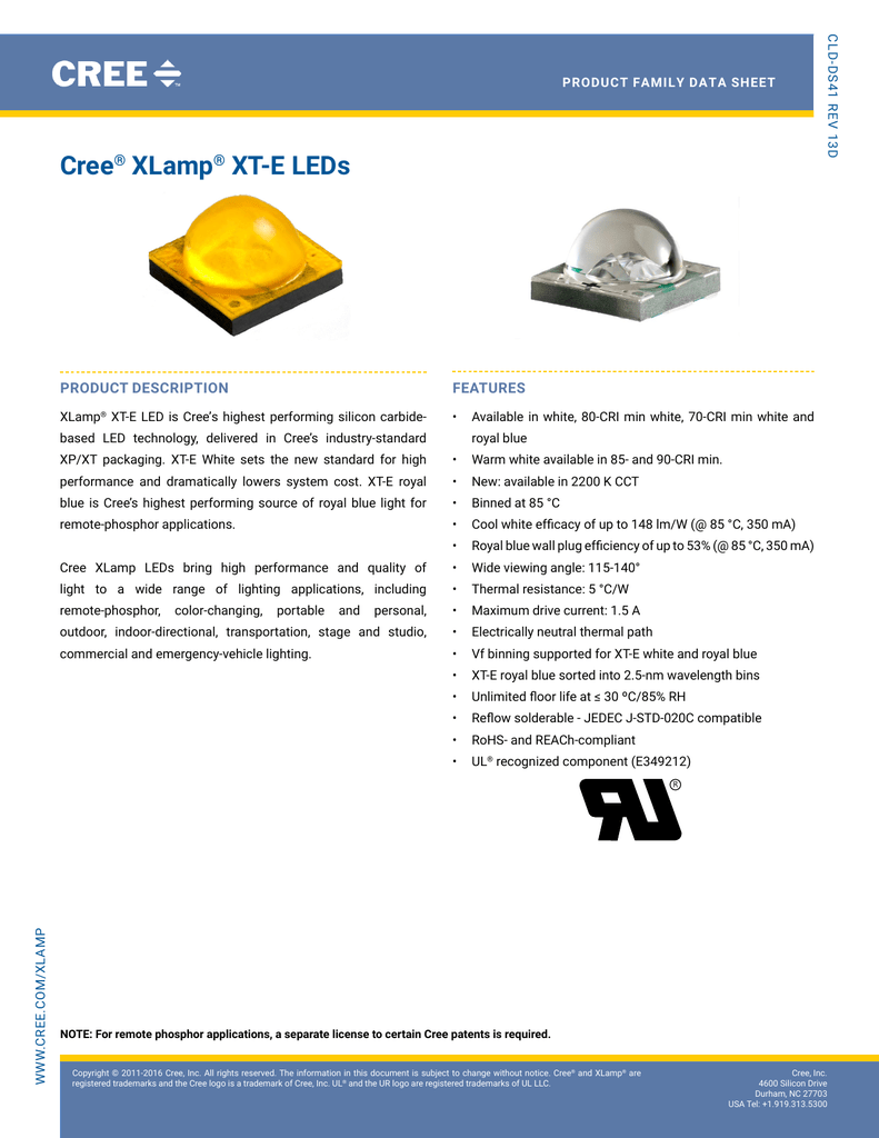 Cree XLamp XT-E LEDs ® | Manualzz