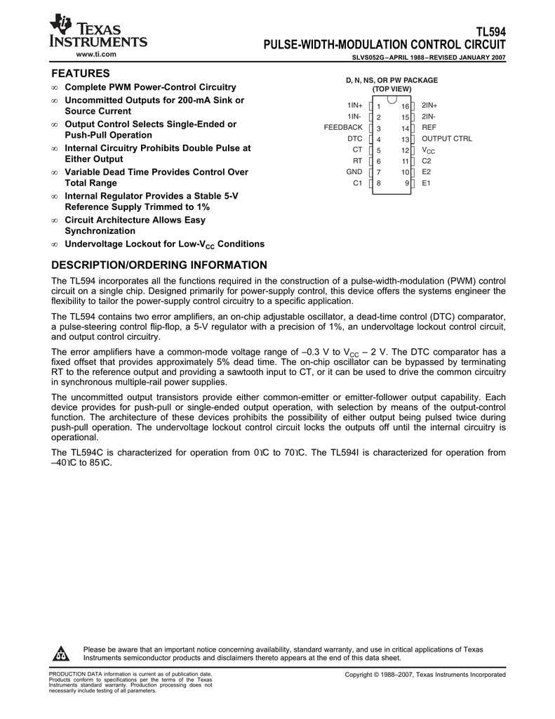 TL594 PULSE-WIDTH-MODULATION CONTROL CIRCUIT FEATURES | Manualzz