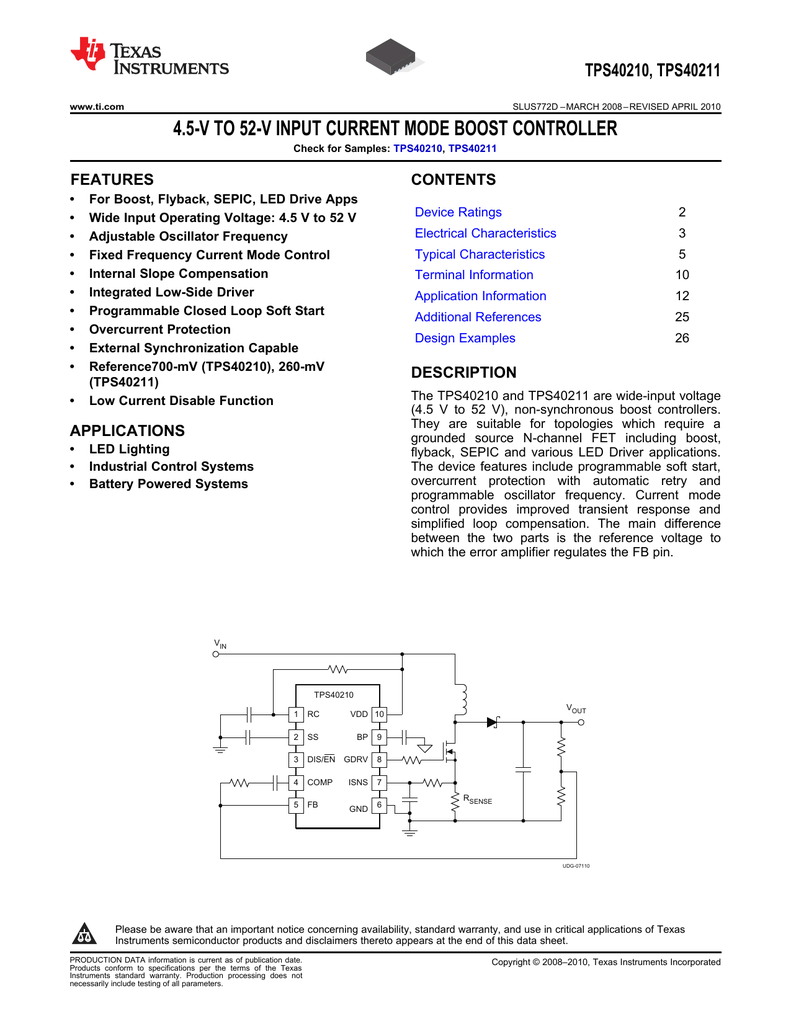 4 5 V To 52 V Input Current Mode Boost Controller Tps Features Contents Manualzz