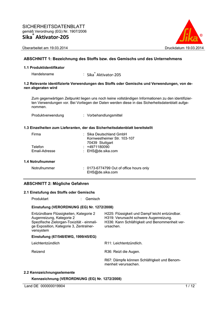 Sika Aktivator205 SICHERHEITSDATENBLATT ABSCHNITT 1 Bezeichnung des