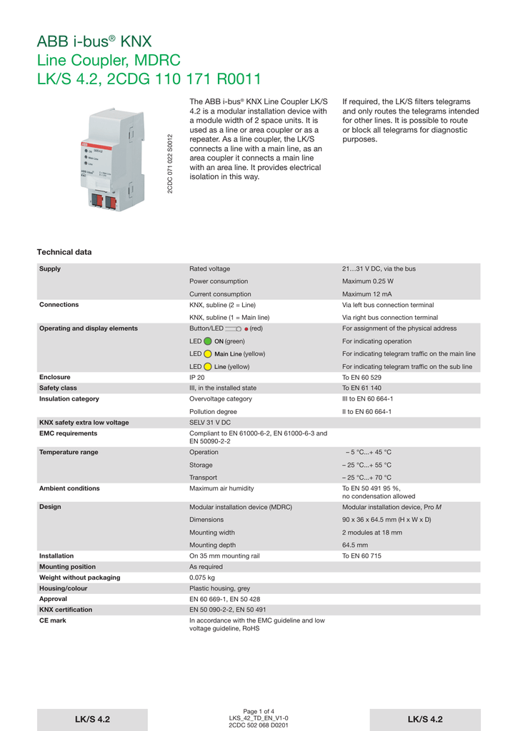 Abb I Bus Knx Line Coupler Mdrc Lk S 4 2 2cdg 110 171 R0011 Manualzz