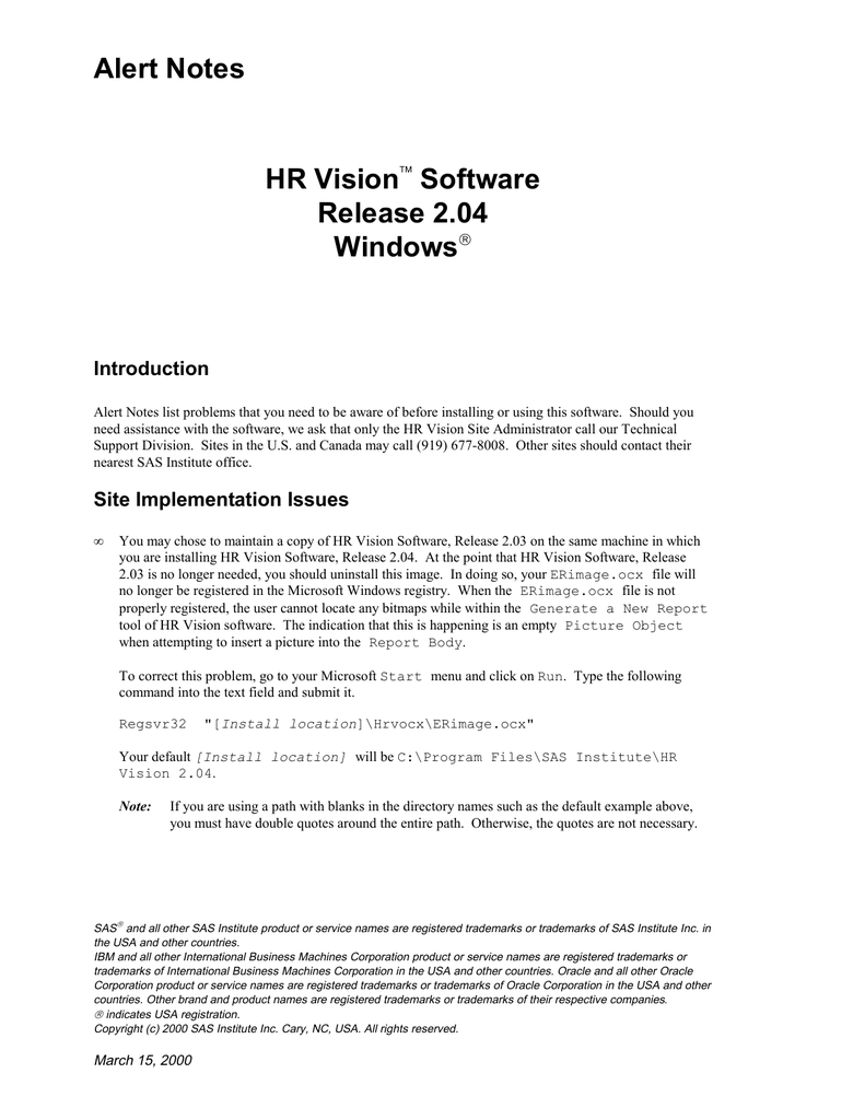 Alert Notes HR Vision Software Release 