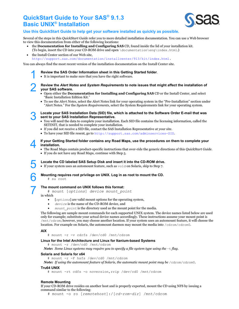 Quickstart Guide To Your Sas 913 Basic Unix Installation - 