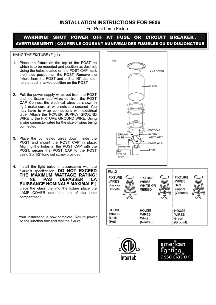 Installation Instructions For 9806 Post Lamp Fixture