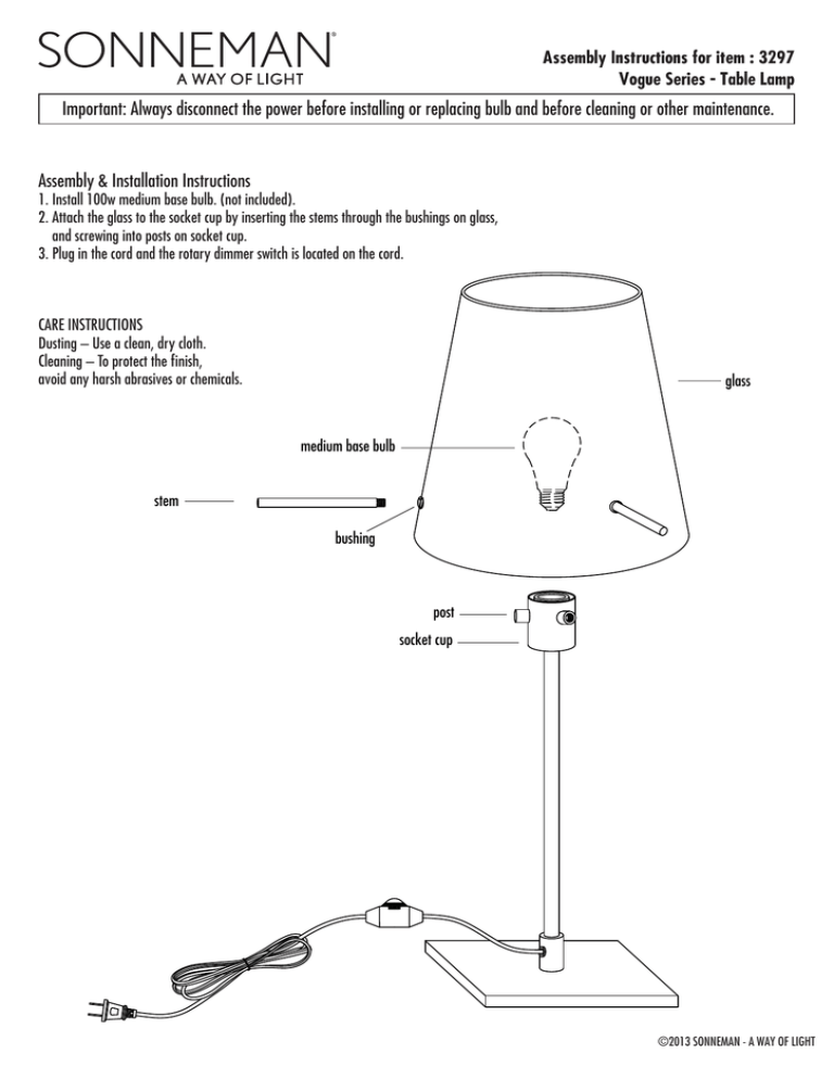Assembly Instructions for item 3297 Vogue Series Table Lamp Manualzz