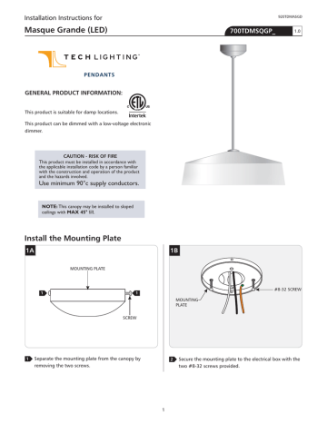 Masque Grande Led Installation Instructions For 700tdmsqgp G Manualzz - Tech Lighting Pendants Installation Instructions