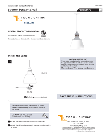 Stratton Pendant Small Installation Instructions For 700tdstnps Manualzz - Tech Lighting Pendants Installation Instructions