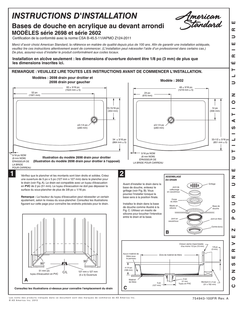 INSTRUCTIONS D'INSTALLATION Bases de douche en acrylique au devant arrondi Manualzz