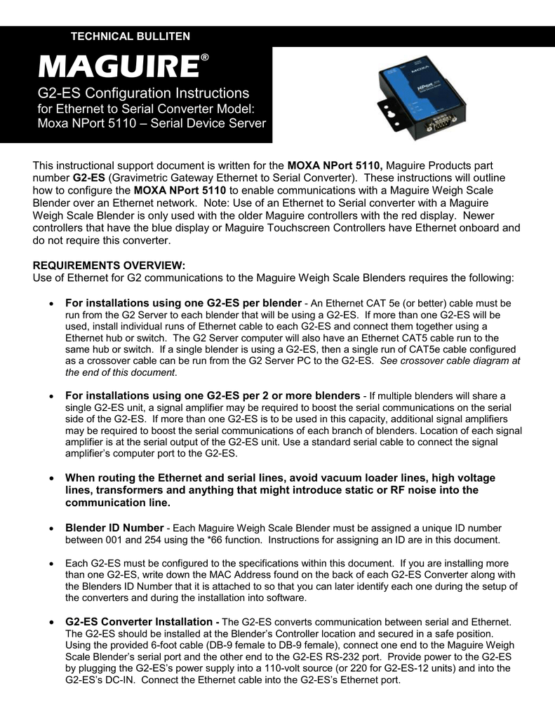 MAGUIRE G2-ES Configuration Instructions for Ethernet to Serial