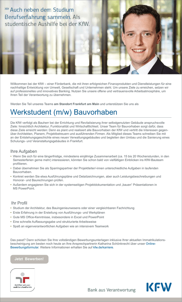 Werkstudent M W Bauvorhaben Standort Frankfurt Am Main Kfw