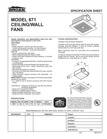 MODEL 671 CEILING/WALL FANS SPECIFICATION SHEET | Manualzz