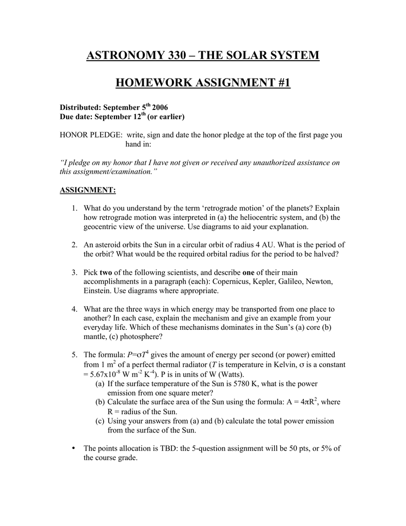 Astronomy 330 The Solar System Homework Assignment 1