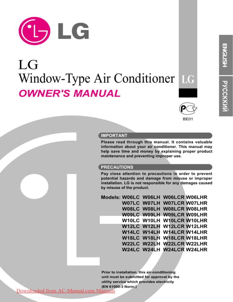 Lg Window Type Air Conditioner Owner S Manual English Manualzz